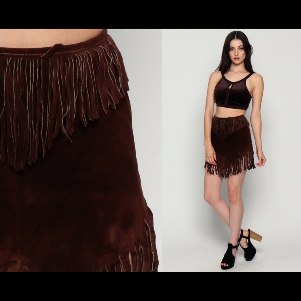 Suede FRINGE Skirt Leather Mini Vintage xs